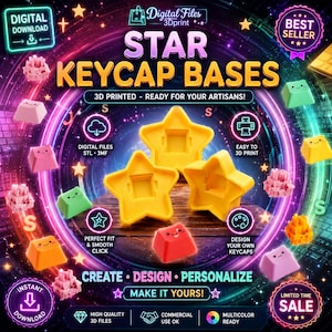 May include: A digital download advertisement for star-shaped keycap bases. The image features yellow star-shaped 3D printed keycap bases surrounded by various colorful, small, smiling keycaps in pink, green, orange, and yellow on a dark background.