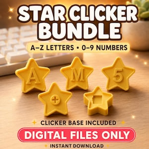 May include: A Star Clicker Bundle digital file set featuring yellow star-shaped icons with letters A and M, the number 5, a plus sign, and a square symbol. The text reads STAR CLICKER BUNDLE, A-Z LETTERS, 0-9 NUMBERS, CLICKER BASE INCLUDED, DIGITAL FILES ONLY.