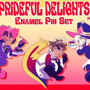Könnte beinhalten: Ein Prideful Delights Emaille-Pin-Set-Grafik mit drei Zeichentrickfiguren. Der Text lautet PRIDEFUL DELIGHTS ENAMEL PIN SET und LE 30 PREORDERS OPEN JUNE 5TH 2PM EST. Die Figuren sind in lebhaften Rosa-, Lila- und Gelbtönen dargestellt.