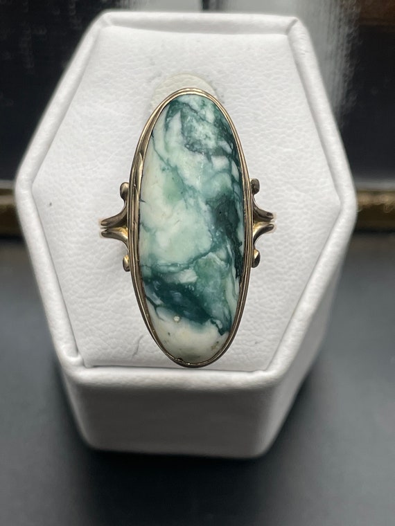Antique 7 carat moss agate Native American ring 14