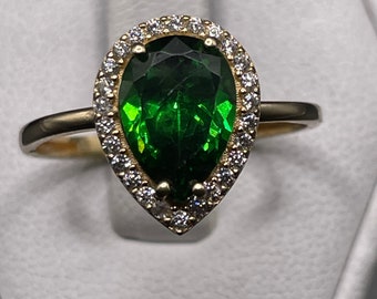 14kt ultra modern pear-shaped, simulated, emerald, and diamond ring