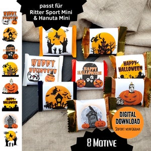 Download HALLOWEEN banderoles suitable for Ritter Sport Mini and Hanuta Mini for the Halloween party, as decoration and giveaway, trick or treat