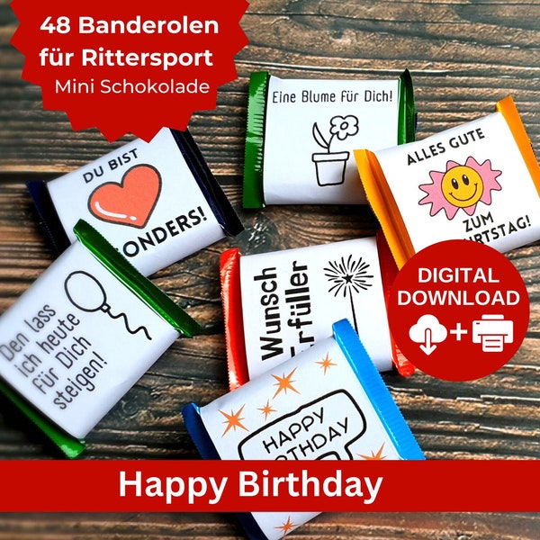 Download 48 Banderolen zum Geburtstag für Ritter Sport Mini, als Mitgebsel, Geschenk, Deko, süße Idee für Mama, Papa, Freundin, Freund