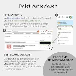 Op de afbeelding: Een screenshot met instructies voor het downloaden van een bestand van Etsy. De tekst in de afbeelding zegt "Datei runterladen" en geeft stappen voor het downloaden van bestanden na aankoop, inclusief inloggen via een browser.