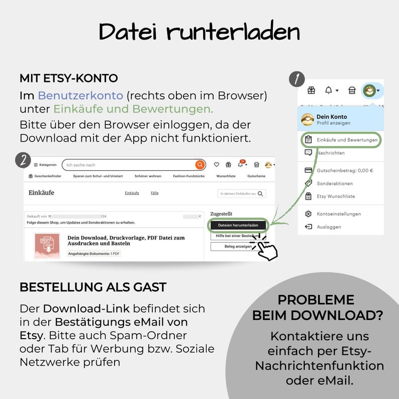 Op de afbeelding: Een screenshot met instructies voor het downloaden van een bestand van Etsy. De tekst in de afbeelding zegt "Datei runterladen" en geeft stappen voor het downloaden van bestanden na aankoop, inclusief inloggen via een browser.