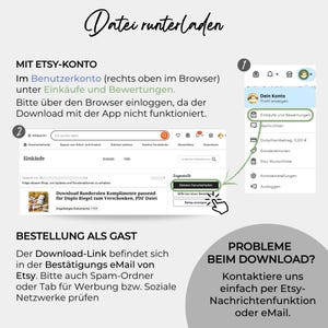 May include: A screenshot of a computer screen showing instructions on how to download a file from Etsy. The instructions are in German and explain how to download a file using an Etsy account or as a guest. The image also shows a screenshot of the Etsy website with a download button highlighted.