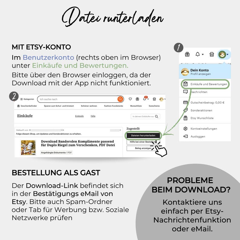 May include: A screenshot of a computer screen showing instructions on how to download a file from Etsy. The instructions are in German and explain how to download a file using an Etsy account or as a guest. The image also shows a screenshot of the Etsy website with a download button highlighted.