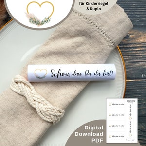 Modello di stampa per fascetta "Bello che tu sia qui" per Duplo & Kinderriegel, regalo per gli ospiti, decorazione da tavolo per matrimonio, giovani, consacrazione, comunione, cresima