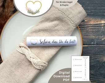 Wedding favor “So glad you’re here” banner as a printable template for table decoration, wedding, youth initiation, communion, confirmation (PDF A4 download)