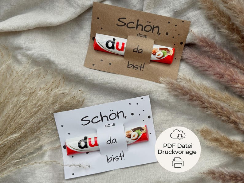 PDF-Druckvorlage mit Duplo-Banderolen ‚Schön, dass du da bist‘ – zum Ausdrucken, Basteln und Verschenken als Gastgeschenk für Hochzeit, Taufe oder Geburtstag.