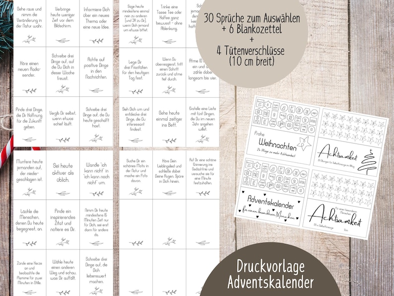 DIY Adventskalender mit 30 Achtsamkeitssprüchen + 6 Blanko-Karten als digitale Druckvorlage. Perfekt als liebevolles Geschenk für Mama, Freundin oder zum Selbermachen für eine achtsame Adventszeit.