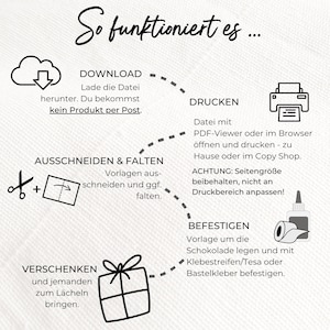 May include: A diagram showing how to download, print, cut, fold, and assemble a printable gift box. The diagram includes illustrations of a cloud with a download arrow, a printer, scissors, a folded box, and a roll of tape.