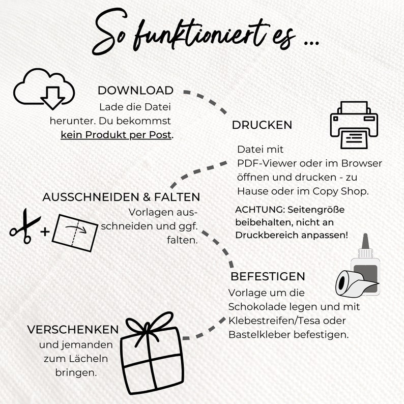 May include: A diagram showing how to download, print, cut, fold, and assemble a printable gift box. The diagram includes illustrations of a cloud with a download arrow, a printer, scissors, a folded box, and a roll of tape.