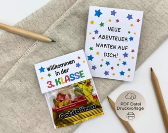 Druckvorlage "Willkommen in der 3. Klasse" Geschenk Schulbeginn neues Schuljahr 1. Schultag Grundschule Bastelvorlage für Lehrer Lehrerinnen