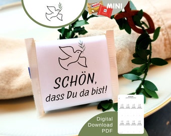 Download Banderole „Schön, dass du da bist“ und Taube passend für Rittersport Mini als Gastgeschenk Kommunion, Taufe, Firmung, Konfirmation