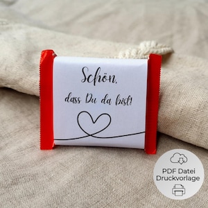 Modello di stampa per fascetta "È bello che tu sia qui" adatto per Ritter Sport Mini regalo per gli ospiti, matrimonio, comunione, decorazione da tavolo, minimalista