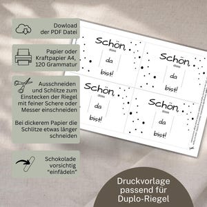 PDF-Druckvorlage mit Duplo-Banderolen ‚Schön, dass du da bist‘ – zum Ausdrucken, Basteln und Verschenken als Gastgeschenk für Hochzeit, Taufe oder Geburtstag.