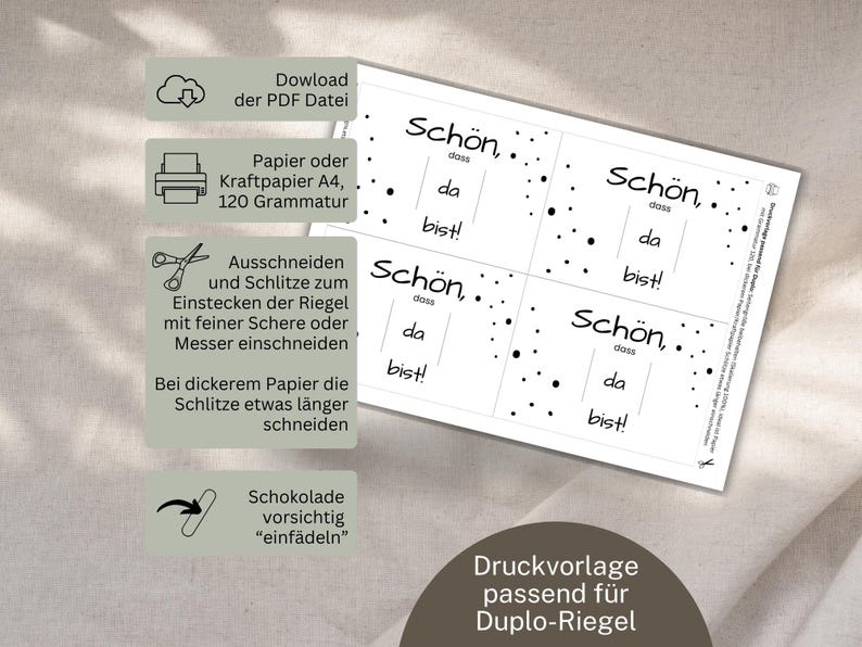 PDF-Druckvorlage mit Duplo-Banderolen ‚Schön, dass du da bist‘ – zum Ausdrucken, Basteln und Verschenken als Gastgeschenk für Hochzeit, Taufe oder Geburtstag.