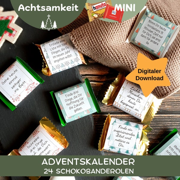 Download Adventskalender ACHTSAMKEIT, Selbstfürsorge, Schokolade, 24 Banderolen, Selbermachen, Druckvorlage, PDF, Geschenkidee, Selbstliebe