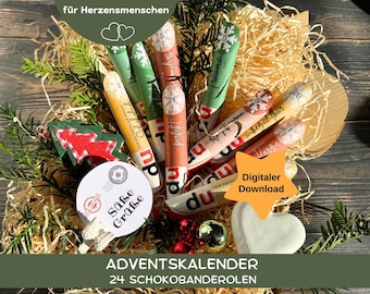 May include: An Advent calendar with 24 chocolate rolls, decorated with greenery, a felt Christmas tree, and a heart-shaped ornament. The rolls are numbered and have various designs and text. The image includes the text "Digital Download".