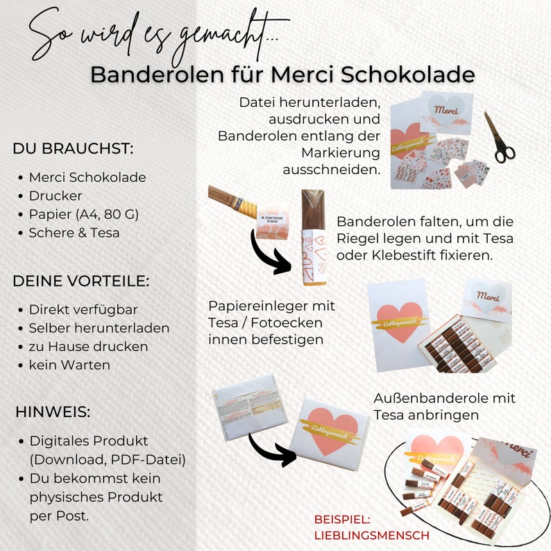 May include: Instructions for making personalized gift boxes using Merci chocolate bars. The image shows a printable template, a folded box with a Merci chocolate bar inside, and a finished box with multiple bars. The text in the image reads "So wird es gemacht... Banderolen f&uuml;r Merci Schokolade" and "Datei herunterladen, ausdrucken und Banderolen entlang der Markierung ausschneiden."