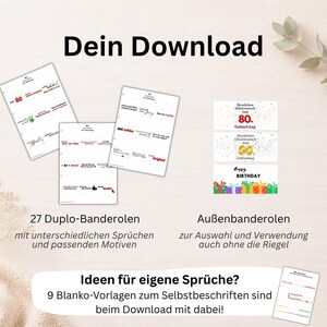 Pu&ograve; includere: Un download digitale con biglietti ed etichette stampabili. L'immagine include vari design con testo come "Buon Compleanno" e "80&deg; compleanno". Il download include anche modelli vuoti per la personalizzazione.