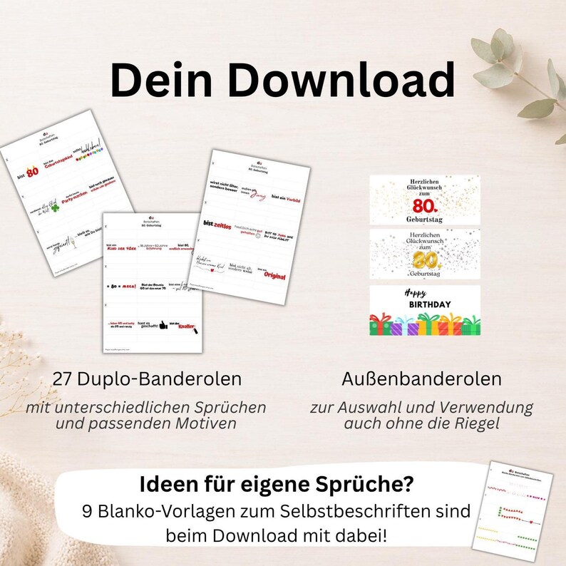 Pu&ograve; includere: Un download digitale con biglietti ed etichette stampabili. L'immagine include vari design con testo come "Buon Compleanno" e "80&deg; compleanno". Il download include anche modelli vuoti per la personalizzazione.