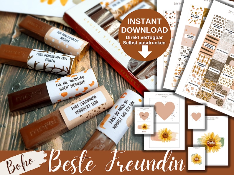 May include: Printable DIY gift tags with a boho theme. The tags feature a variety of designs with hearts, sunflowers, and geometric patterns. The text on the tags reads "Beste Freundin" which translates to "Best Friend" in English. The tags are designed to be printed and cut out for use on gifts.