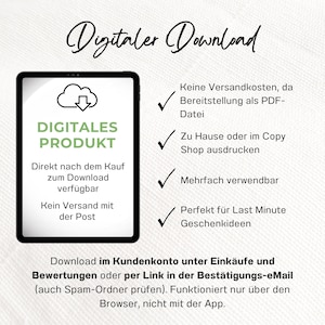 May include: A digital tablet screen displaying the text Digitaler Download, Digitales Produkt, and instructions in German. The screen features a cloud icon with a downward arrow and a list of four bullet points with checkmarks regarding file access.