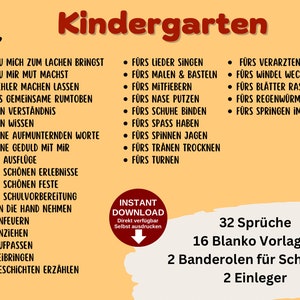 May include: A printable set of 32 thank you cards for kindergarten teachers. The cards feature a peach background with black text and a red title that says "Merci, Kindergarten". The cards include phrases like "For teaching us to sing", "For helping us learn to tie our shoes", and "For being patient with us".