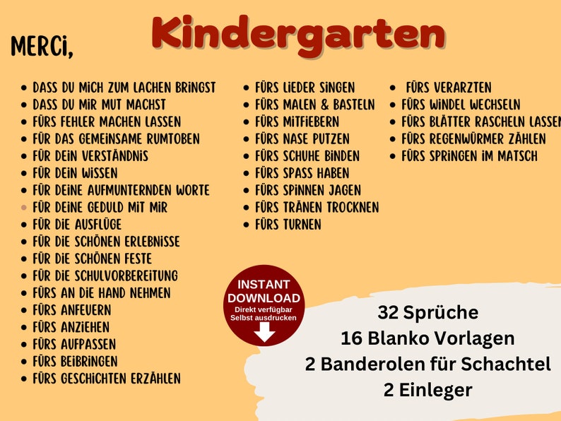 May include: A printable set of 32 thank you cards for kindergarten teachers. The cards feature a peach background with black text and a red title that says "Merci, Kindergarten". The cards include phrases like "For teaching us to sing", "For helping us learn to tie our shoes", and "For being patient with us".