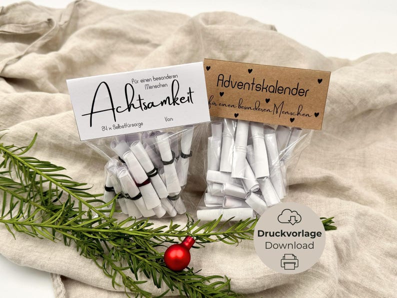 DIY Adventskalender / Instandt Download bzw. digitale Druckvorlage mit 30 Achtsamkeitssprüchen + 6 Blanko-Karten. Perfekt als liebevolles Geschenk für Mama, Freundin oder zum Selbermachen für eine achtsame Adventszeit.