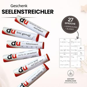 以下が含まれることがあります： 「du」という単語や「bist genug!」や「darfst dir selbst vertrauen!」などのフレーズを含むドイツ語のテキストが書かれた白と赤のチューブのコレクション。円形のグラフィックは、27のフレーズ、パッケージング、および空白のオプションを示しています。画像にはダウンロードアイコンも含まれています。