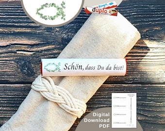 Download Banderole „Schön, dass du da bist“, Fisch Eukalyptus passend für Duplo / Kinderriegel, Gastgeschenk Kommunion, Taufe, Konfirmation