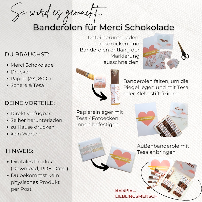 May include: Instructions for making personalized gift boxes using Merci chocolate bars. The image shows a printable template, a folded box with a Merci chocolate bar inside, and a finished box with multiple bars. The text in the image reads "So wird es gemacht... Banderolen f&uuml;r Merci Schokolade" and "Datei herunterladen, ausdrucken und Banderolen entlang der Markierung ausschneiden."