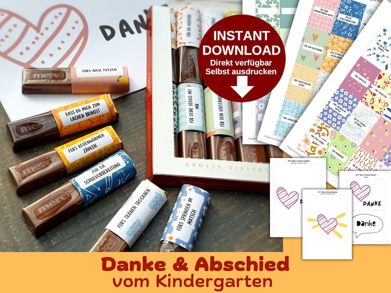 May include: Printable gift tags for a kindergarten graduation or end of school year celebration. The tags feature colorful designs and phrases like "For the school preparation" and "For your patience". The tags are designed to be printed and attached to small chocolate bars.
