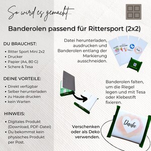 May include: Instructions for making personalized gift wrappers for Ritter Sport chocolate bars. The image shows a 2x2 grid of chocolate bars, a printed sheet of paper, and a finished wrapper with the word "Danke" on it.