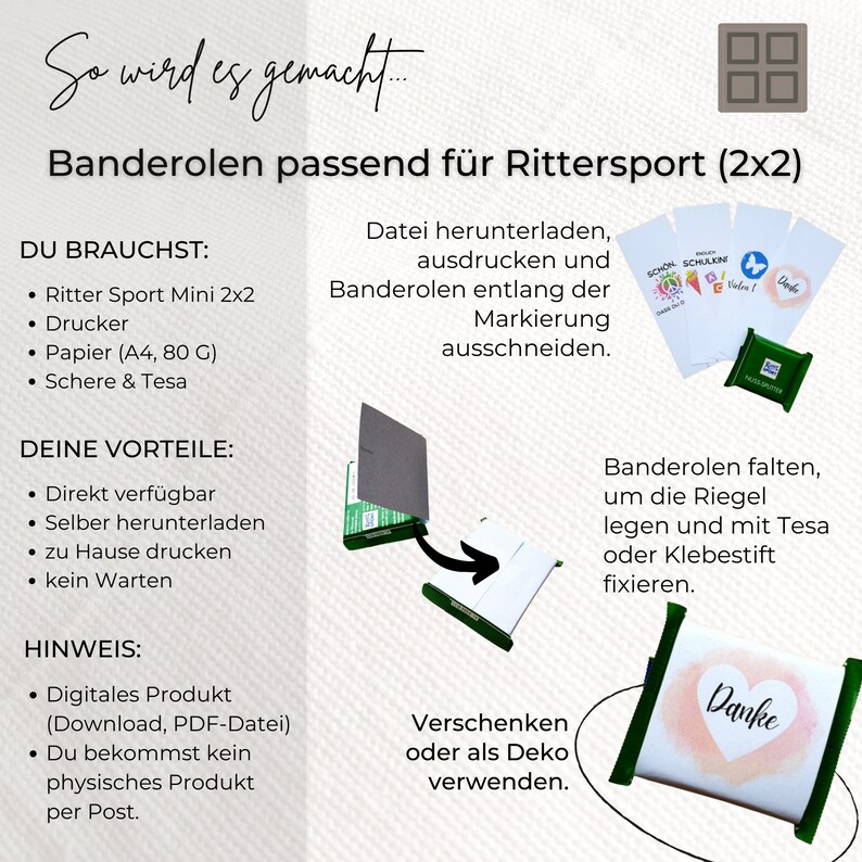 May include: Instructions for making personalized gift wrappers for Ritter Sport chocolate bars. The image shows a 2x2 grid of chocolate bars, a printed sheet of paper, and a finished wrapper with the word "Danke" on it.