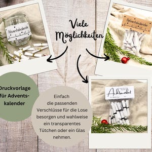 Op de afbeelding: Drie afbeeldingen tonen idee&euml;n voor adventskalenders. E&eacute;n toont een glazen pot, een andere een zak en de laatste een zak, alle met opgerold papier. Elk heeft een label met Duitse tekst. De achtergrond is van hout.