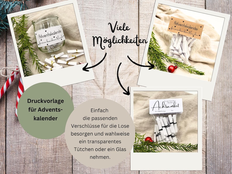Op de afbeelding: Drie afbeeldingen tonen idee&euml;n voor adventskalenders. E&eacute;n toont een glazen pot, een andere een zak en de laatste een zak, alle met opgerold papier. Elk heeft een label met Duitse tekst. De achtergrond is van hout.