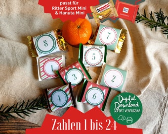 Download Adventskalender Zahlen 1 bis 24, Banderolen passend für RitterSport & Hanuta Mini, DIY Geschenk, Füllung Schoko, Kinder, Erwachsene