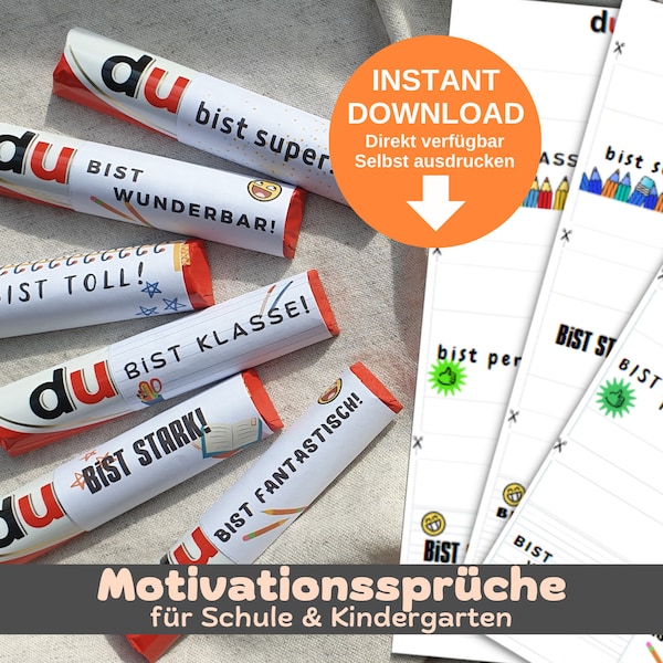 Download DU BIST Banderolen zur Motivation in Schule und Kindergarten passend für Duplo Schokoriegel, 27 Banner (9 Sprüche in je 3 Designs)