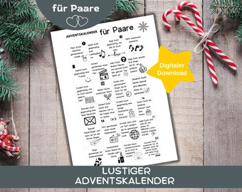 Advent calendar for COUPLES, download, printable with 24 tasks, check off, black and white, PDF, gift, Christmas idea, do it yourself, DIY
