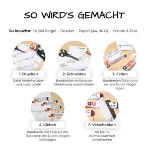 May include: A five-step instructional guide titled SO WIRD'S GEMACHT showing how to wrap Duplo candy bars. The steps include printing, cutting with scissors, folding paper wrappers, taping them, and gifting the finished candy bars with text.