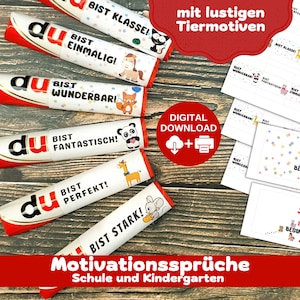 Op de afbeelding: Printbare motiverende stickers met dierillustraties en aanmoedigende zinnen zoals "Je bent geweldig!" en "Je bent sterk!" De stickers zijn ontworpen voor gebruik in scholen en kleuterscholen.