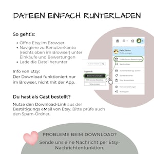 May include: An instructional graphic titled DATEIEN EINFACH RUNTERLADEN explaining how to download files from Etsy. It includes steps for browser navigation, a note that downloads do not work in the app, guest checkout instructions, and contact info.