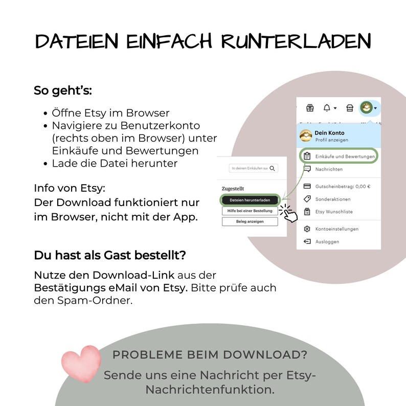 May include: An instructional graphic titled DATEIEN EINFACH RUNTERLADEN explaining how to download files from Etsy. It includes steps for browser navigation, a note that downloads do not work in the app, guest checkout instructions, and contact info.