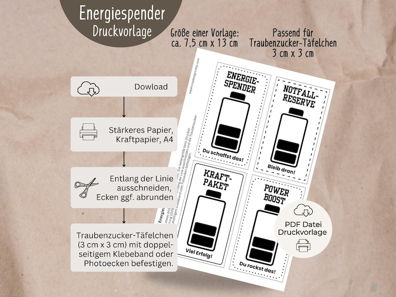 Digitale PDF-Druckvorlage mit 4 Motivkarten im Batterie-Design, Sprüche wie „Energiespender“ und „Power Boost“, zum Befestigen von Dextro-Energy-Täfelchen, Geschenkidee zur Motivation.