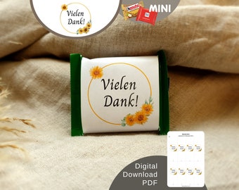 Download Banderole „Vielen Dank!“ Sonnenblumen, passend für Rittersport Mini als Gastgeschenk, Deko Hochzeit, Taufe, Kommunion