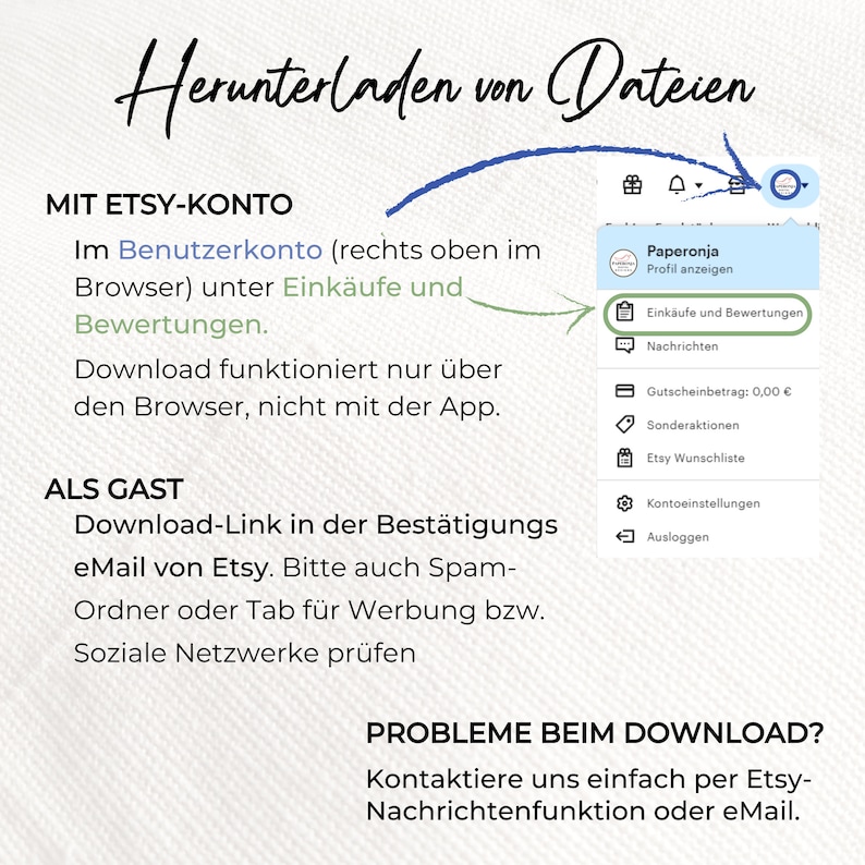 May include: A screenshot of a web page with instructions on how to download files from Etsy. The text reads "Downloading files from Etsy" and provides instructions for downloading files using an Etsy account or as a guest. The text also includes information on how to contact Etsy customer support if you have problems downloading files.